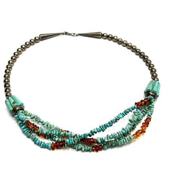 Vintage Navajo Four-Strand Turquoise and Amber Necklace w/Fluted Barrel Beads - Picture 13 of 14